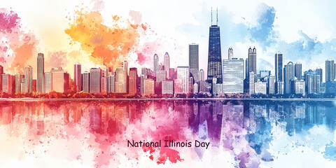Obraz premium Colorful watercolor skyline of Chicago with lake reflection celebrating National Illinois Day.