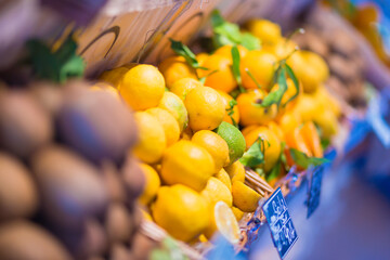 Fresh Lemons and Other Produce in Market Display