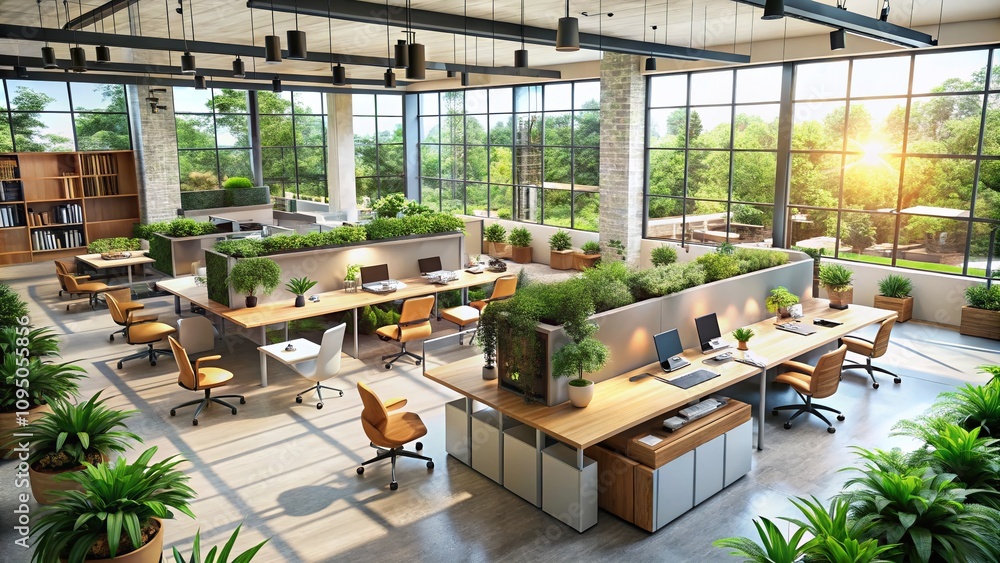 Poster modern partitioned offices design: stylish workspaces with glass walls and collaborative areas for e