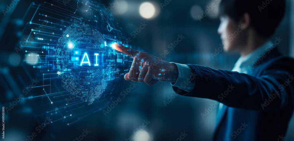 Poster businessman interacts with ai data network for advanced machine learning solutions