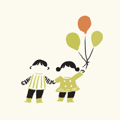 Children and Toys. Playful illustration. Hand-drawn children's toys. Engraved children’s play elements. Kids and balloons vector. Vector illustration of children’s day. Hand-drawn children and games.