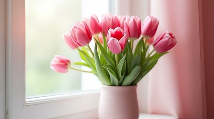 A bouquet of pink tulips in a light pink vase on a white window sill by a window with a pink transparent curtain, through which soft light penetrates.