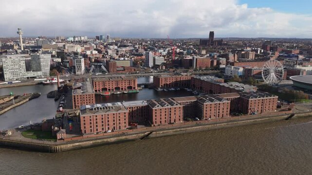 Aerial view of the Royal Albert Dock in Liverpool, United Kingdom on bright day.