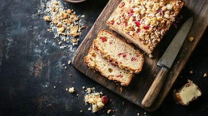 Rhubarb bread slices displayed on a rustic wooden cutting board, with crumbs and a butter knife