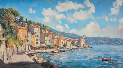 Fototapeta premium A picturesque coastal town with colorful buildings, a bustling harbor, and a calm sea.
