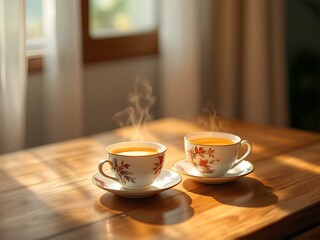 Obraz premium Two cups of steaming hot tea on a wooden table by the window in the morning sunshine, creating a feeling of home warmth and comfort. The concept of morning tea drinking 