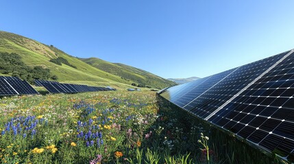 A large-scale solar farm in a lush valley, surrounded by green hills and fields of wildflowers. The clear sky is bright blue.