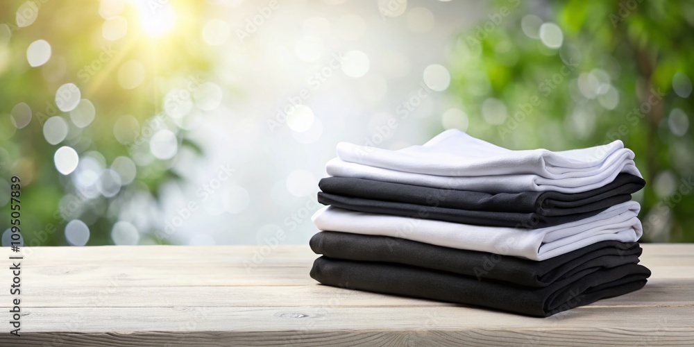 Aufkleber neatly folded black and white t-shirts stacked elegantly on a white surface with soft bokeh backgrou