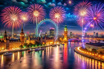 New Year Celebration Over London: A Stunning Night View of Fireworks Display and City Skyline Welcoming the New Year with Joy and Festivity in the Heart of the UK