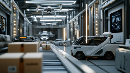 Naklejka premium High-Tech Delivery Hub with Drones and Automated Vehicles