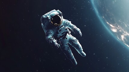 Astronaut floating in space, Earth in background.