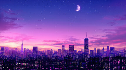 Obraz premium Design a panoramic cityscape at twilight, Stunning city skyline under a twilight sky with vibrant purple hues and a crescent moon lighting up modern architecture.