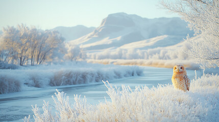 A serene winter landscape featuring a snowy owl near a frozen river and mountains.