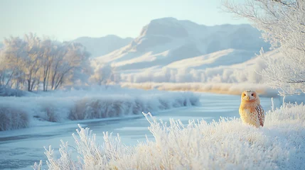 Fototapete Rund A serene winter landscape featuring a snowy owl near a frozen river and mountains. © Adja Atmaja