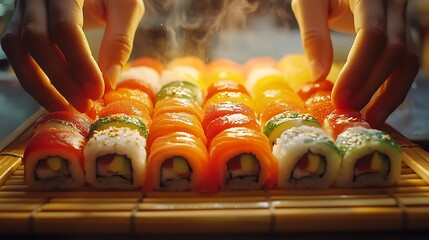 Hands arranging colorful sushi rolls on a bamboo mat, with precise movements and intricate details, illuminated by soft, diffused lighting to enhance the vibrant colors of the sushi. --ar 16:9