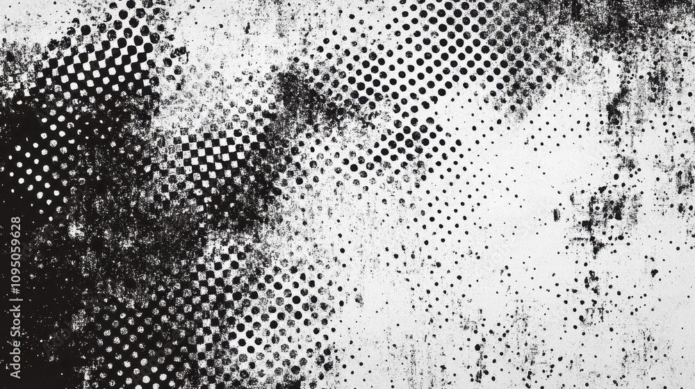 Poster abstract black and white halftone texture with varying dot patterns.