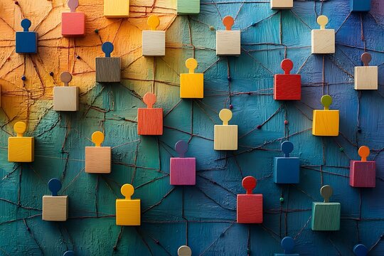 Colorful Wooden Block Network Global Interdependence & Inclusion