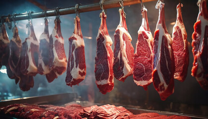 Raw meat cuts hanging in a butcher shop with smoke and dim lighting