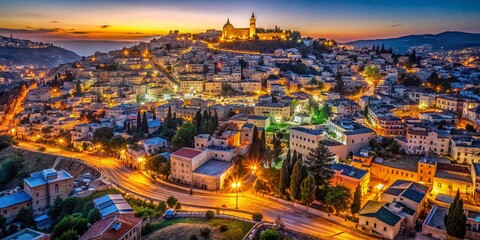 Fototapeta premium Night Photography of Nazareth, Israel with Illuminated Streets, Historic Architecture, and Scenic Views Captured Under a Starry Sky, Highlighting Cultural Significance and Landscape Beauty