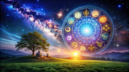 Obraz premium Night Photography of Star Sign Symbols for Each Month Under a Starry Sky with Celestial Elements, Perfect for Astrology Lovers and Cosmic Enthusiasts