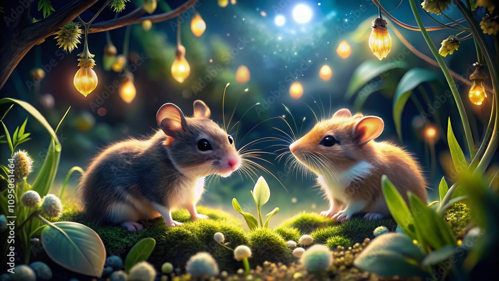 Poster nighttime showdown: a hamster and a mouse compete under the stars in a charming garden setting with 