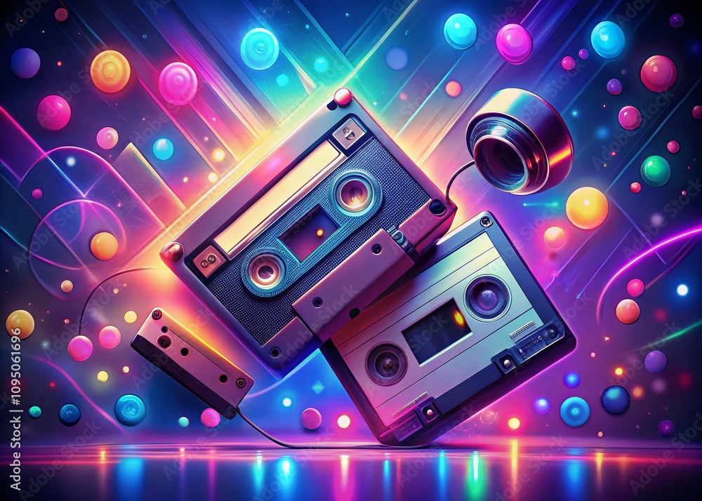 Poster nostalgic 90s thinline illustrations featuring classic elements of the decade in a bokeh background 