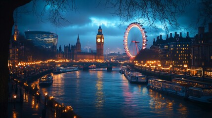 Fototapeta premium London eye, big ben and houses of parliament shining at twilight over river thames