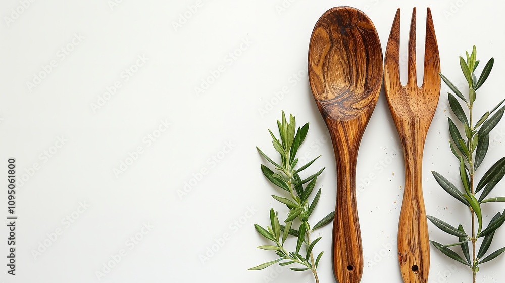 Poster an olive tree branch a rustic wooden fork and spoon and a studio-clean white background are shown in