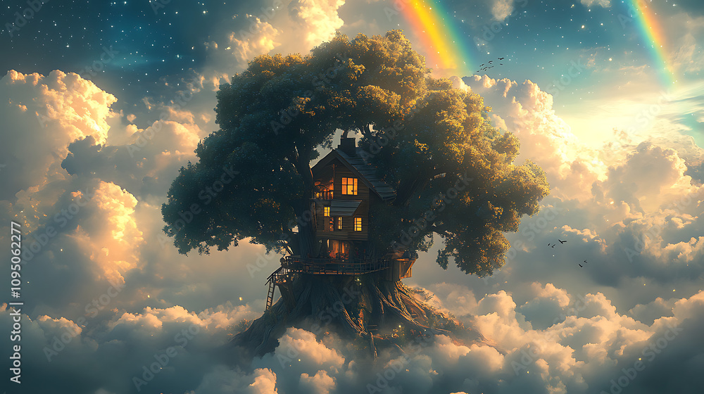Poster a whimsical treehouse perched on a giant tree amidst colorful clouds and rainbows.