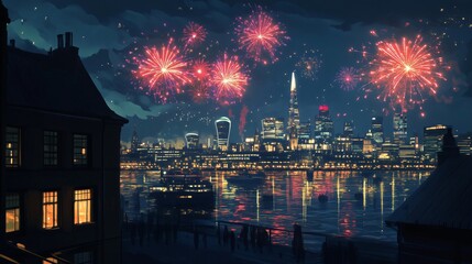 Fireworks exploding over london skyline during new year's eve celebration
