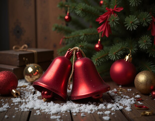 Red Christmas bells with ornaments and gifts on snow-covered wooden surface - Powered by Adobe