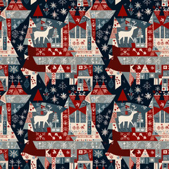 Seamless Christmas pattern with festive illustrations of deer, trees, and snowflakes