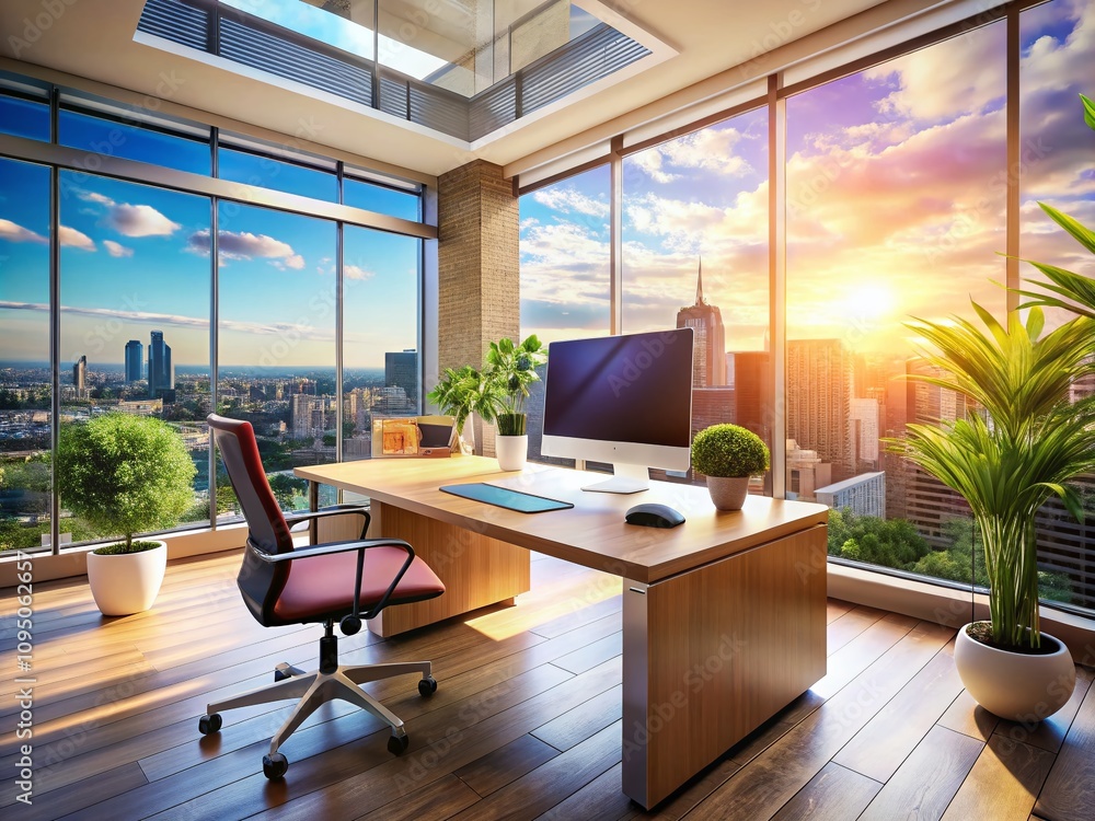 Poster panoramic landscape of an empty workspace with a blank screen for copy and paste, ideal for digital 