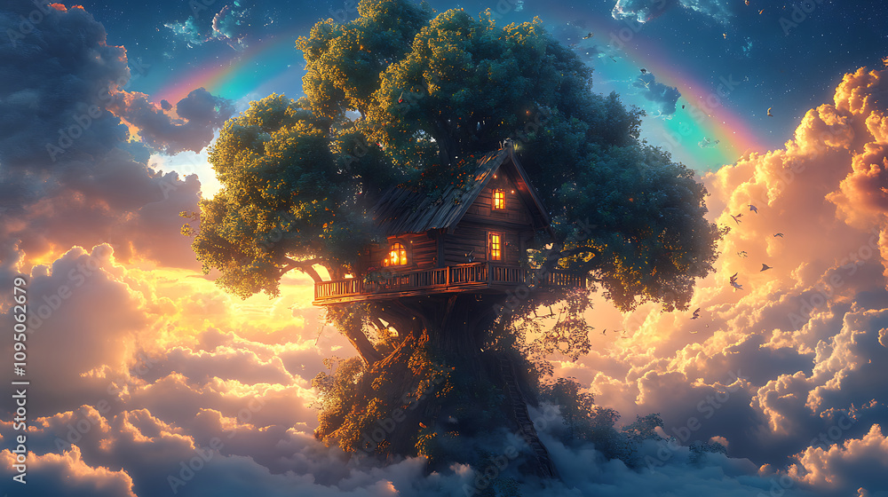 Poster a whimsical treehouse nestled in clouds, illuminated by warm light and a rainbow backdrop.