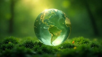 Glowing glass planet earth on green natural background, ecology concept
