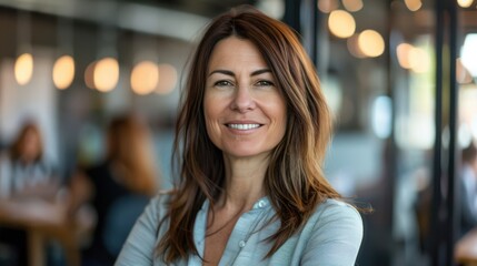 Confident woman in her 40s smiling, standing in a modern office with blurred background and warm lighting. Professional, approachable, and poised