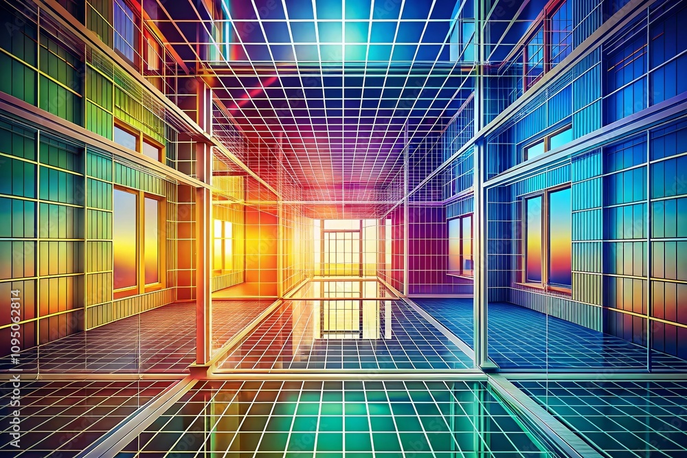 Poster panoramic perspective grid background for 3d interior room design in frontal one-point view dimensio