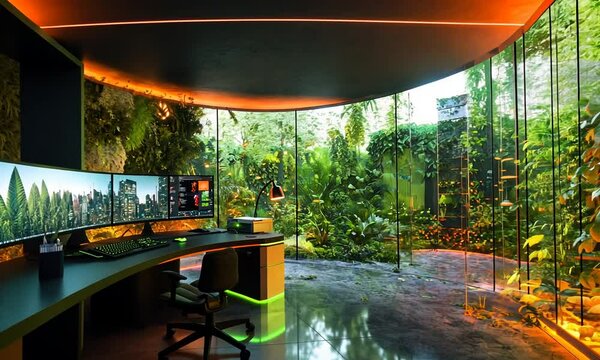 Modern gaming setup in a lush, glass-enclosed room.