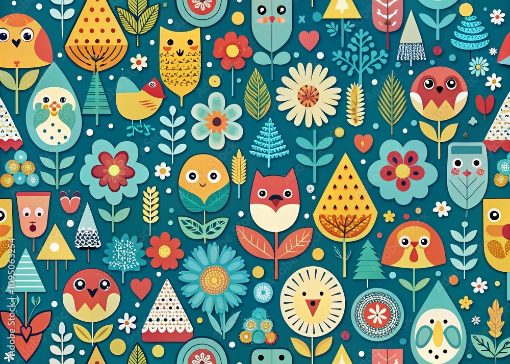 Poster panoramic photography of small and cute shapes in a simple pattern design template for modern interi