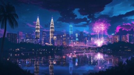 Naklejka premium Petronas twin towers reflecting on water with fireworks celebrating over kuala lumpur skyline at night