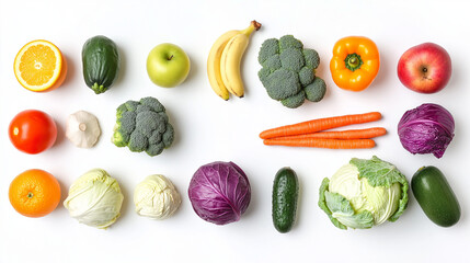 Fruit and vegetable background with space for text isolated on white, panoramic view. 