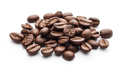 Naklejka premium Photo of coffee beans scattered on the right, on a white background, with high resolution