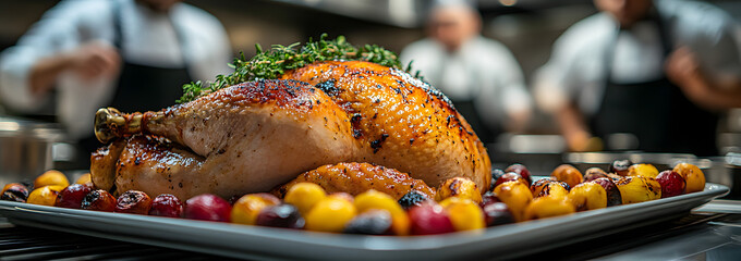 We see in the foreground a cooked turkey with a blurred background, emphasizing the golden brown skin and tender texture of the bird, perfect for a holiday feast or family gathering.
