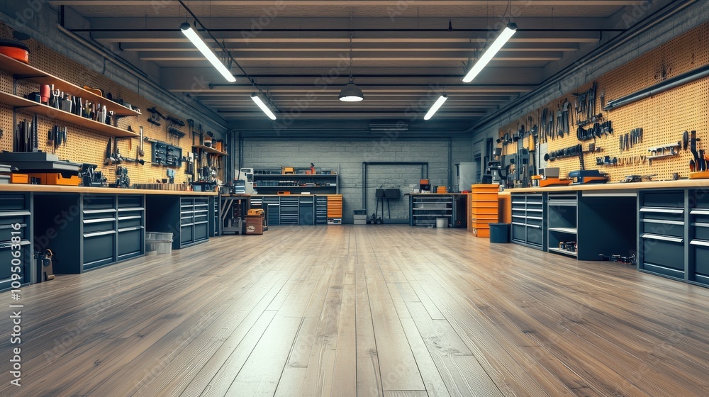 Poster a spacious workshop filled with tools and equipment for various projects.
