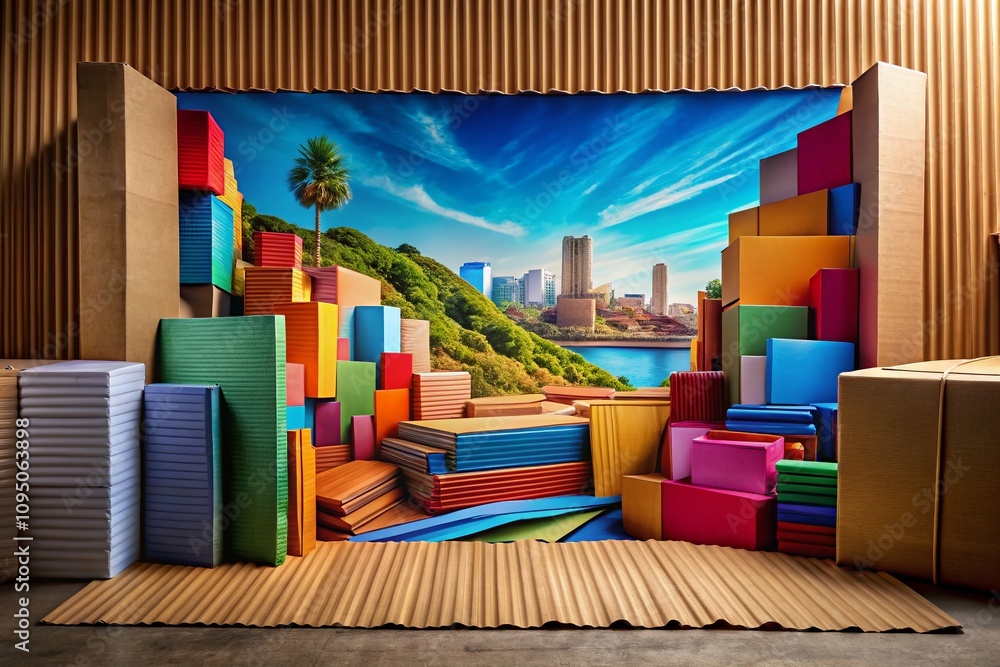 Poster panoramic view of a large cardboard piece against a background of various cardboard textures and sha