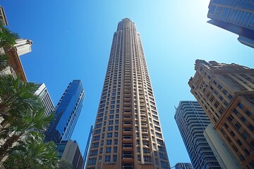 Obraz premium Curved Building Exterior City Street Perspective, Sunny Day Foliage