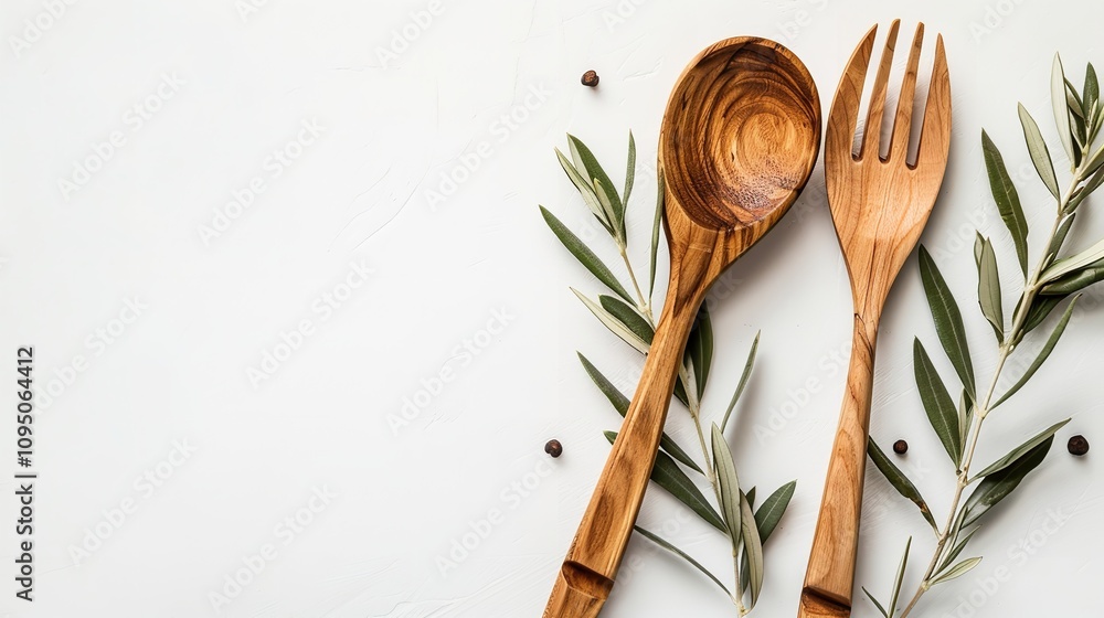 Poster an olive tree branch a rustic wooden fork and spoon and a studio-clean white background are shown in
