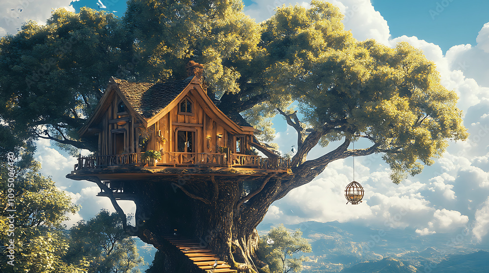 Poster a whimsical treehouse nestled in a large tree, surrounded by a scenic sky and clouds.
