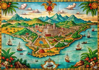 Fototapeta premium Panoramic View of an Ancient Antigua Map Featuring Detailed Historical Landmarks and Vibrant Colors, Perfect for Educational and Decorative Purposes in Various Contexts