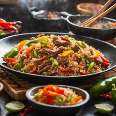 Fototapeta premium Asian stir Rice with beef peppers and onions panorama